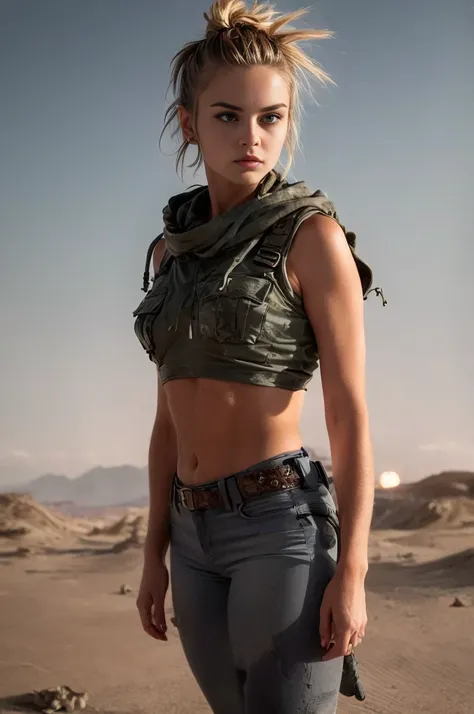 masterpiece, portrait of a beautiful 15-year-old russian girl in a post-apocalyptic desert, punk blonde with short hair, shaved ...