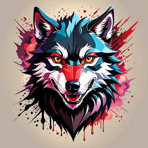 t-shirt print design, a detailed illustration of the face of the evil ninja wolf, magic, red color, black magic splash, dark, gothic, t-shirt design, in the style of Studio Ghibli, pastel tetradic colors, 3D vector art, fantasy art, watercolor effect, boke...