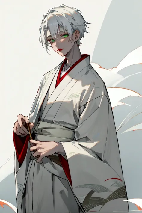 15 year old boy with white hair and green eyes, white skin and red lips dressed in a kimono 