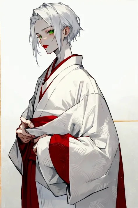 15 year old boy with white hair and green eyes, white skin and red lips dressed in a kimono 