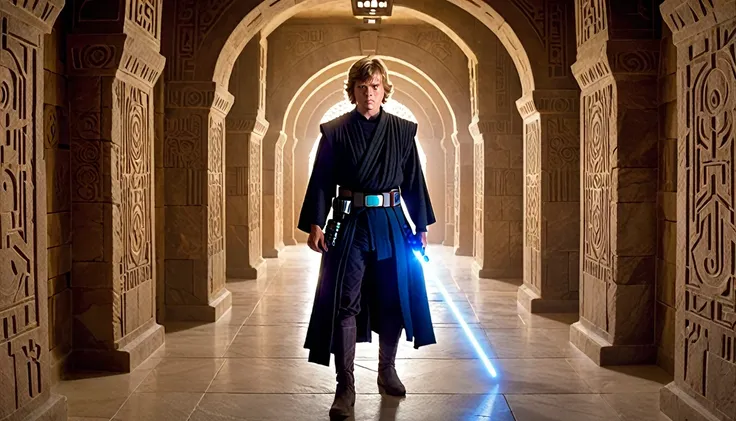 LUKE SKYWALKER HOLDING A LIGHTSABER LOOKING FACING THE CAMERA, IN THE BACKGROUND A CORRIDOR WITH PARTIAL LIGHTING MADE OF STONE WITH BRIGHT DETAILED SYMBOLS ENGRAVED ON THE WALLS