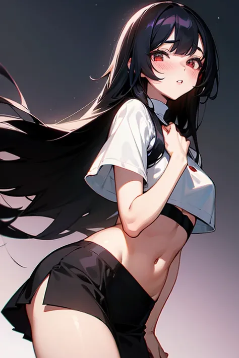 long black hair, beautiful white eyes, crop top, skirt, parted lips, blush, night