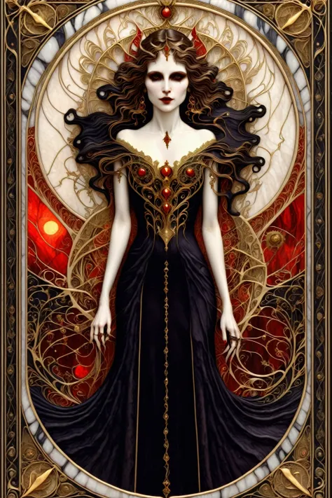 a beautiful illustration of a vampire woman with glowing eyes in an abstract marble texture with a tarot style frame, with colors of obsidian black, shiny gold, and ruby red, highly detailed, intricate design, BY Anne Bachelier,