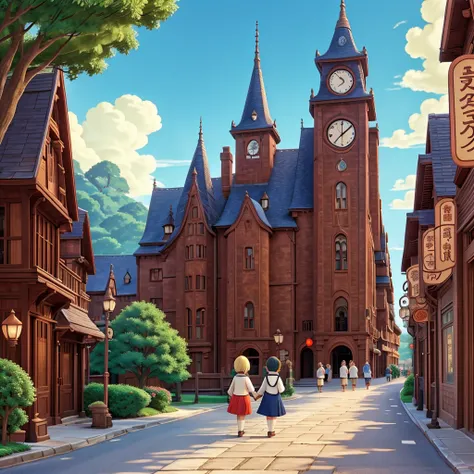 Ghibli style　Howl　Company trip　Stroll through the historic streets　Number of employees: 50　looks fun
