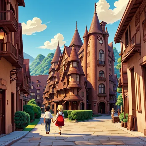 Ghibli style　Howl　Company trip　Stroll through the historic streets　Number of employees: 50　looks fun
