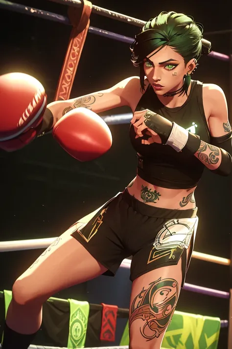 (one girl), (black hair), (green eyes), has (tattoos), (piercings), (light skin but not that light), (long hair) (gothic dark style) (boxing guard)