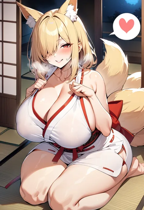 Highest quality、One girl, Mature Woman, Mature Woman, Japanese-style room、Tatami room、Sliding doors、Dark room、Voluptuous body,  Huge breasts, Saggy breasts, Wide Hips,  Miko costume, barefoot, Cleavage, seiza、Sitting、Welcome with three fingers together、Blo...