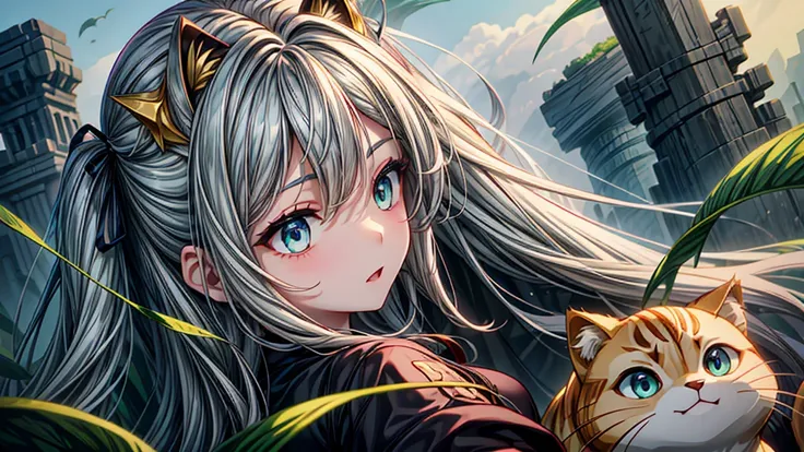 1 girl in、Eyes swaying anxiously、profile、Prone to the right、Eyelids lowered、Gray hair、Longhaire、Green eyes、On the sides of the head are attached golden cat-shaped hairpins