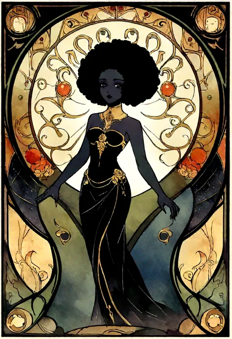 A super detailed watercolor painting，woman with black skin, afro skin afro hair, negra com black cacheadissimo, darkness background,Gothic, white  hair, Anthropomorphic female, feminine figure, detailed cover art, Like a goddess of roses, In the style of A...