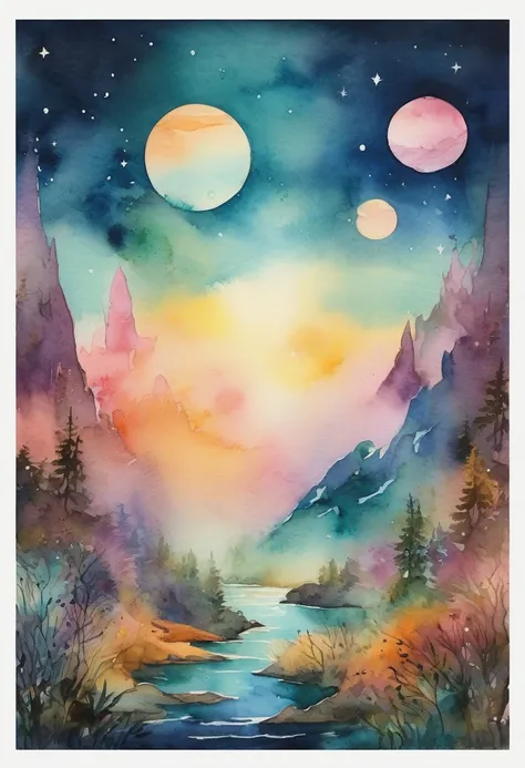 (((The best quality))), ((Masterpiece)) (fantasy landscape in watercolor) minimalist and aesthetic print, High Definition, detailed, magical creatures, vibrant and ethereal colors.