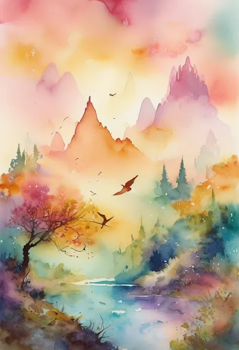 (((The best quality))), ((Masterpiece)) (fantasy landscape in watercolor) minimalist and aesthetic print, High Definition, detailed, magical creatures, vibrant and ethereal colors.