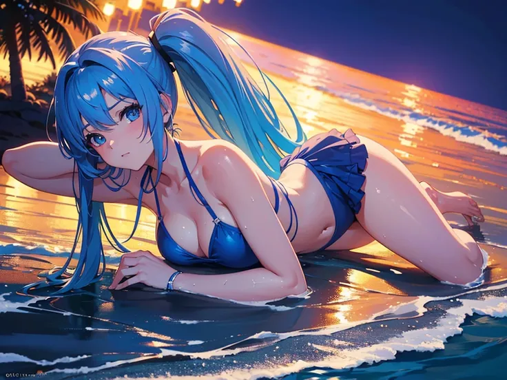 anime, Style, 1 girl in a blue bikini, on the beach in the night(best quality, 4k, 8k, high resolution, obra-prima: 1.2), ultra-detailed, (realista, fotorealista, foto-realista: 1.37) colorido com vibrantes cores, soft lighting