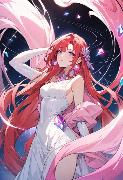 a beautiful adult woman, she wears a white dress mixed with a plain pink shawl, her hair is blue mixed with red hair, she has the constellation ability like colorful crystal. she wears pink and purple crystal earrings, Manhwa style.  