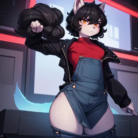 (masterpiece), (best quality), (high res) (solo), (perfect anatomy) (perfect face), wolf and sheep hybrid, (black hair), (black wool), (curly short hair), fair skin, ambiguous gender, (1boy1girl), flat chest, wide hips, thick thighs, (light blue skirt over...