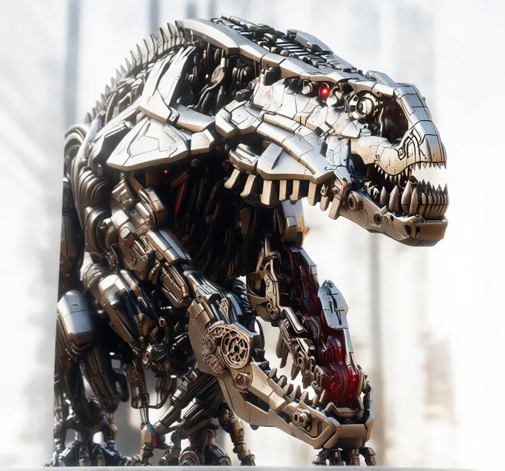 a (mechcd_xl,mech,cyberpunk,shiny,glowing,mechanical parts,joints,military) tyrannosaurus,red theme,no humans,solo,long-focus,tilt-shift,outdoors,full body,cityscape,at night,dim light,glowing eyes,science fiction,dystopian,futuristic,intricate,chinese zod...