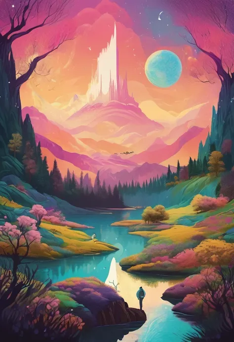 (((The best quality))), ((Masterpiece)) (fantasy landscape illustration) minimalist and aesthetic print, High Definition, detailed, magical creatures, vibrant and ethereal colors.