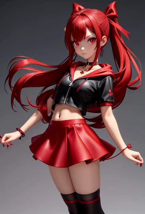 a with a red skirt and a black skirt that is under the red shirt . red stockings . red zip up hoodie, black shirt underneath with short sleeves and ,red hair, long hair and a flower with a ribbon on the bottom on the side on the hair and red eyes has a bla...