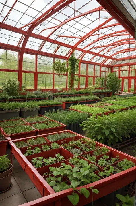 Laboratory where there are two glass greenhouses, everything red around 