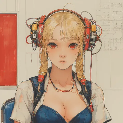 (masterpiece:1.2, best quality), 1lady, solo, , classroom, day, sit, blonde, twintails, red eyes, open collabone, darkskin, (open breasts:1.1),