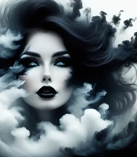 gothic art，dream，（There is only one stunning close-up of her face），Gothic makeup，black and white smoke floating around，simple white background，A lot of white space