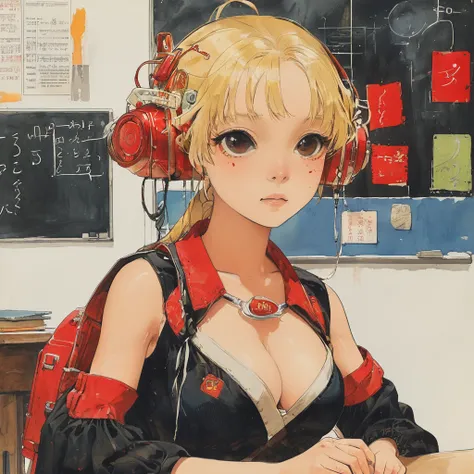 (masterpiece:1.2, best quality), 1lady, solo, , classroom, day, sit, blonde, twintails, red eyes, open collabone, darkskin, (open breasts:1.1),