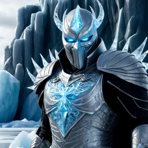  
(extremely detailed 8k wallpaper), a medium shot photo of scary  Grim dressed as a icey masked ice-supervillain in an armour made of icey glowing wires from marvel, theme, intricate, high detail, dramatic, old scary building  with a huge iceberg in the b...