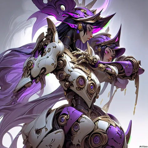 Close-up of a purple and white robot wearing a purple helmet, unknown art style, purple armor, mysterious art style, nocturne from league of legends, avatar image, artifact - free, drawn in lasso style, ethereal and mechanical theme, epic art style, shock,...