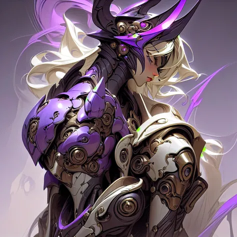 Close-up of a purple and white robot wearing a purple helmet, unknown art style, purple armor, mysterious art style, nocturne from league of legends, avatar image, artifact - free, drawn in lasso style, ethereal and mechanical theme, epic art style, shock,...