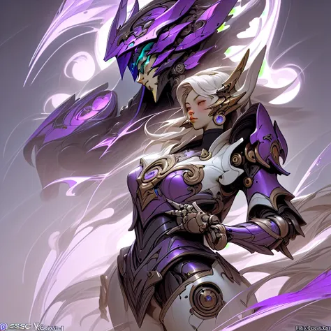 Close-up of a purple and white robot wearing a purple helmet, unknown art style, purple armor, mysterious art style, nocturne from league of legends, avatar image, artifact - free, drawn in lasso style, ethereal and mechanical theme, epic art style, shock,...