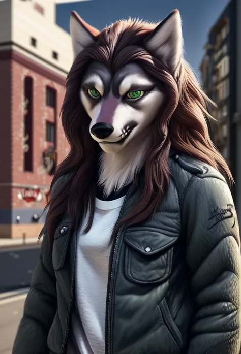 anthro (wolf), female, adult, (friendlyjordies:1.7), portrait, (realistic fur, detailed fur texture:1.2), detailed background, photorealistic, hyperrealistic, ultradetailed, looking at viewer, (best quality, high quality:1.4), jacket, shirt, (Jordan Shanks...