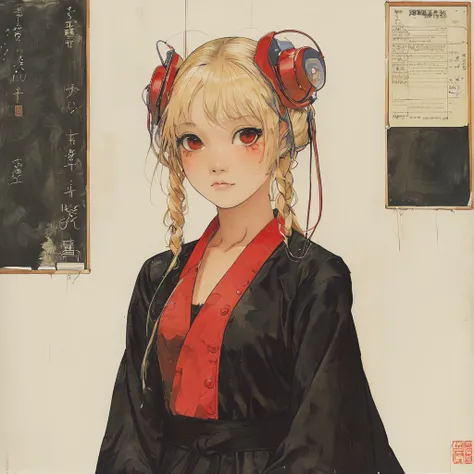 (masterpiece:1.2, best quality), 1lady, solo, , classroom, day, sit, blonde, twintails, red eyes, open collabone, darkskin, (open breasts:1.1),