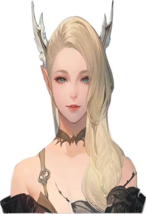 close-up of a woman with long blonde hair in a dress, lineage 2 revolution style, final fantasy 14 style, female elf, elven char...