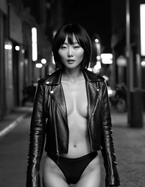 photorealistic, ((Black and White photography:1.8)), ((low-light photography:1.6)), best quality, masterpiece, full body view, ((nudist:1.3)), skinny beautiful Korea sensual actress Bae Doona in a very open biker leather jacket on the sidewalk of empty str...