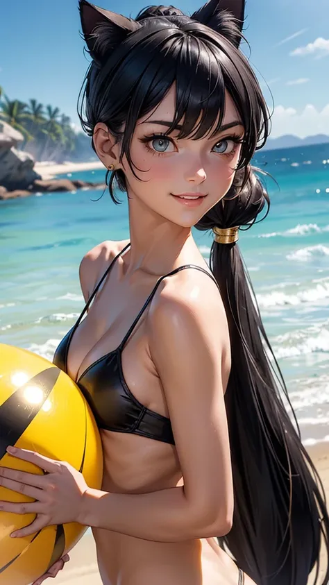 (high resolution, upper body, soft skin:1.2),(best illustration,masterpiece:1.2),ultra-detailed,[(cat ears , black inside:1.2, black ponytail hair, gold cat eyes),vivid colors,sharp focus, sunlight,bokeh, wearing a gold bikini, beach background, smiling, h...