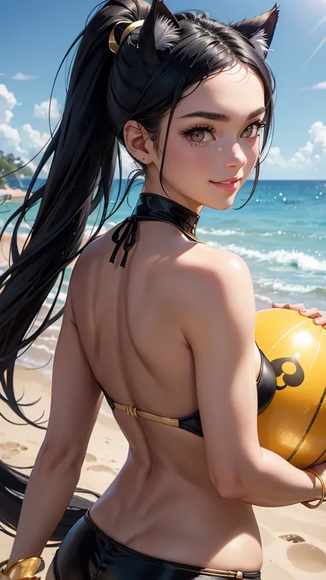 (high resolution, upper body, soft skin:1.2),(best illustration,masterpiece:1.2),ultra-detailed,[(cat ears , black inside:1.2, black ponytail hair, gold cat eyes),vivid colors,sharp focus, sunlight,bokeh, wearing a gold bikini, beach background, smiling, h...