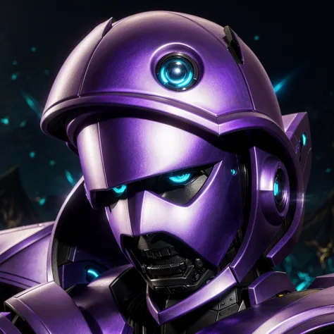 Close-up of a purple and white robot wearing a purple helmet, unknown art style, purple armor, mysterious art style, nocturne from league of legends, avatar image, artifact - free, drawn in lasso style, ethereal and mechanical theme, epic art style, shock,...