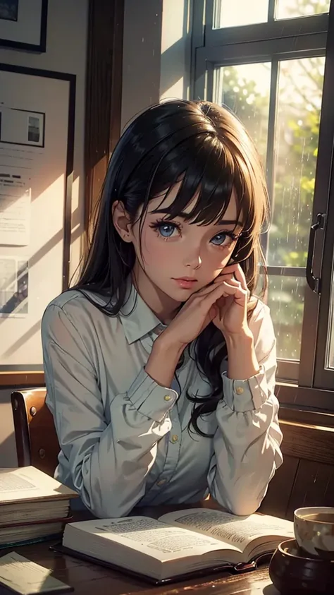 a girl studying at a desk, rain in the window, cute clothes, cozy ambiance, (best quality,4k,8k,highres,masterpiece:1.2),ultra-detailed,(realistic,photorealistic,photo-realistic:1.37),detailed face, beautiful detailed eyes, beautiful detailed lips, extreme...