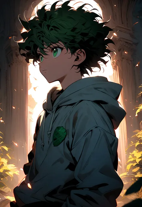 14 year old boy with black short wavy hair and green eyes wearing a grey hoodie in hunter x hunter manga style