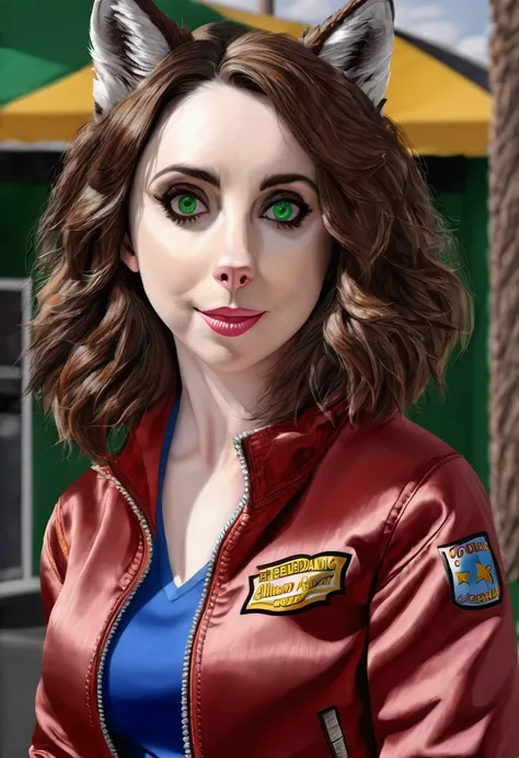 anthro (wolf), female, adult, (friendlyjordies:1.7), portrait, (realistic fur, detailed fur texture:1.2), detailed background, photorealistic, hyperrealistic, ultradetailed, looking at viewer, (best quality, high quality:1.4), jacket, shirt, (Alison Brie:1...