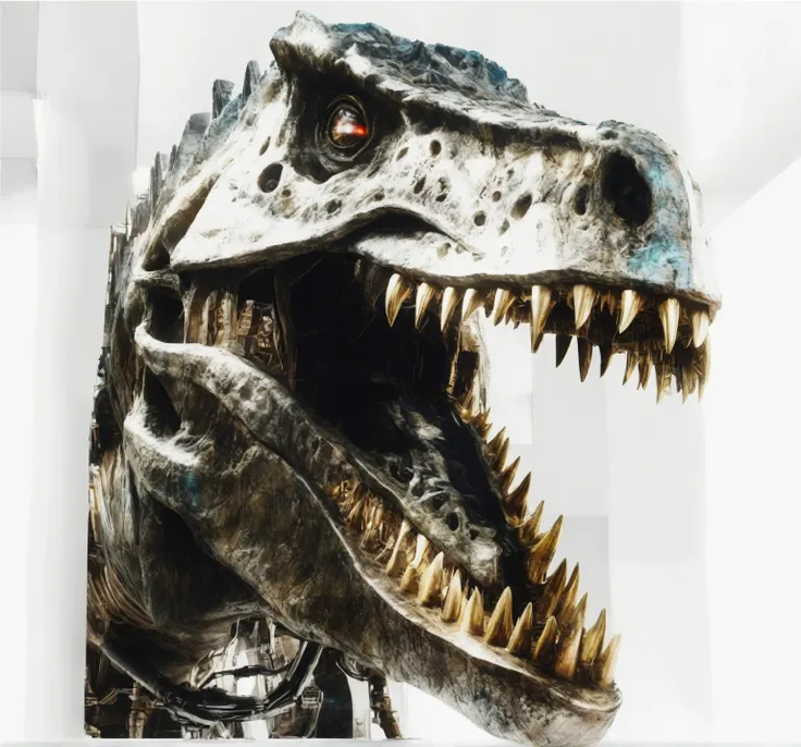 mechanical tyrant dinosaur in the city, scary, glowing blue eyes, neon lights, ultra-realistic, best quality, 8k