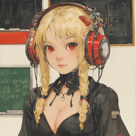 (masterpiece:1.2, best quality), 1lady, solo, , classroom, day, sit, blonde, twintails, red eyes, open collabone, darkskin, (open breasts:1.1),