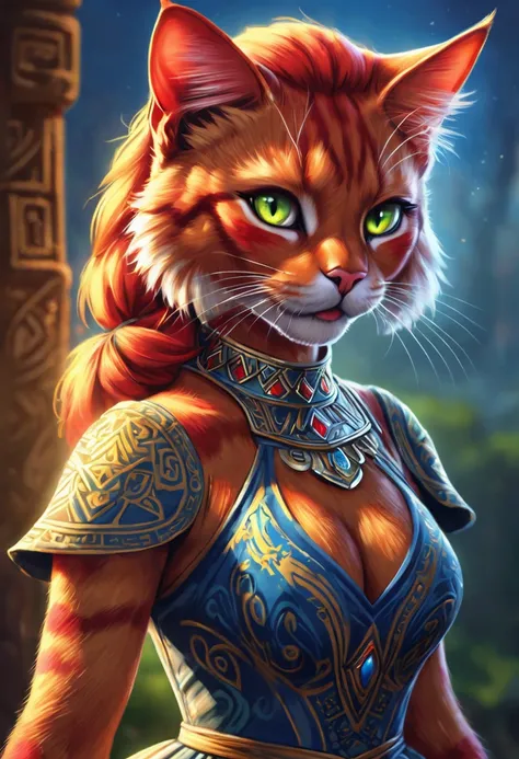 Create an realistic illustrated, hand-drawn, full-color image of an anthropomorphic red cat. The artwork should be rendered in the style of "Breath of the Wild," featuring warm lighting and shadows. Include graphite shading, stencil marks, and airbrushed a...