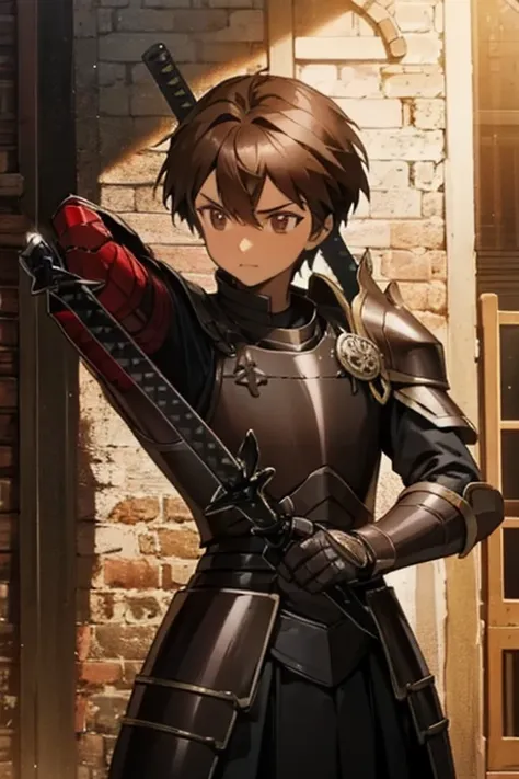 a knight with dark brown hair , short and using a katana and black and red armor