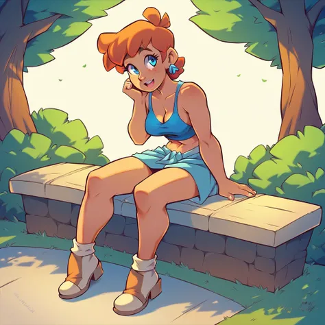 Fred and Wilma Flintstone sitting on a stone bench in the park