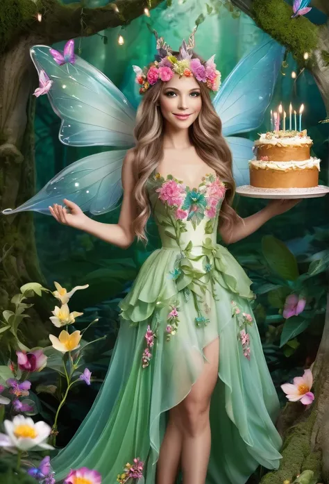 beautiful fairy, full body, amazing well adorned dress,flowers on hair,in an enchanted forest, holding and offering a birthday cake,magic background, many flowers,refined details, high quality.