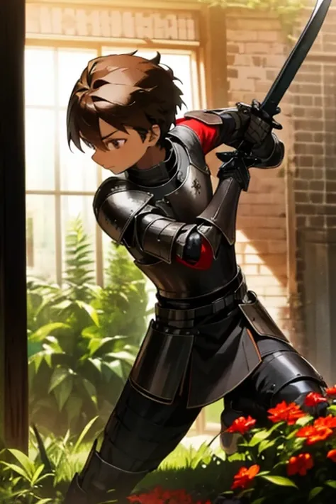 a knight with dark brown hair , short and using a katana and black and red armor