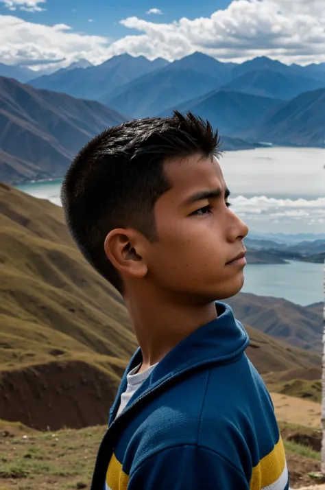 Andean boy in profile looking at the horizon