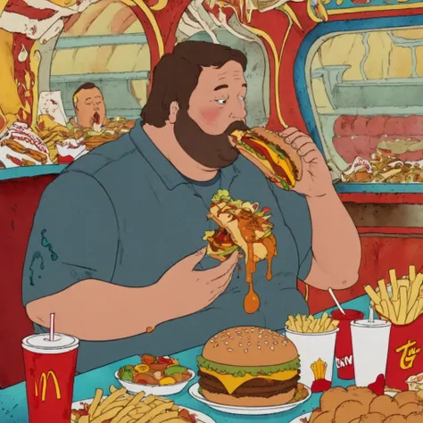 fat guy, The steam guy sits at the table, guy eating fast food, Lots of food, the guy is stained with food 