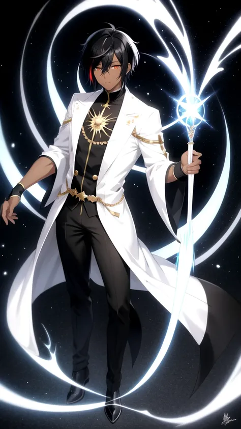 Anime style，Full body，male，dark skin，short black hair with many white highlights，wizard，Minimalist background