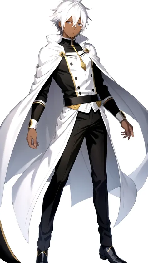 Anime style，Full body，male，dark skin，short black hair with some white hair，wizard，Minimalist white background